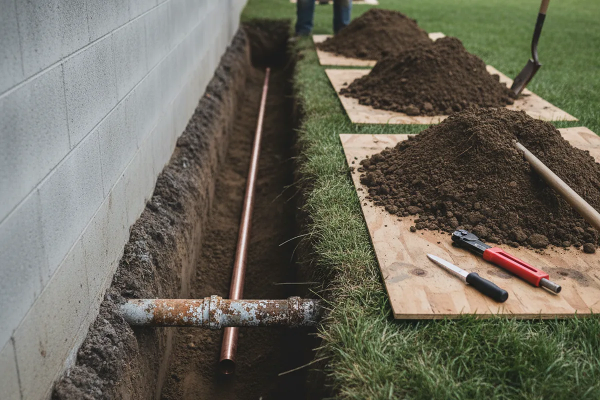Excavated water line trench during Sewer Line Repair in Algonac